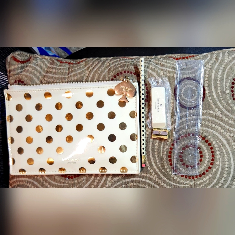 Kate Spade New York Gold Polka Dot Pouch Pencil Case Makeup Bag (Brand New)